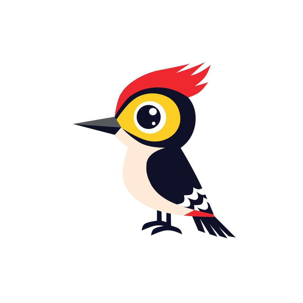 Colorful cartoon woodpecker bird with red crest and yellow eye. Fun illustration great for kids content, logos, mascots, or educational materials vector