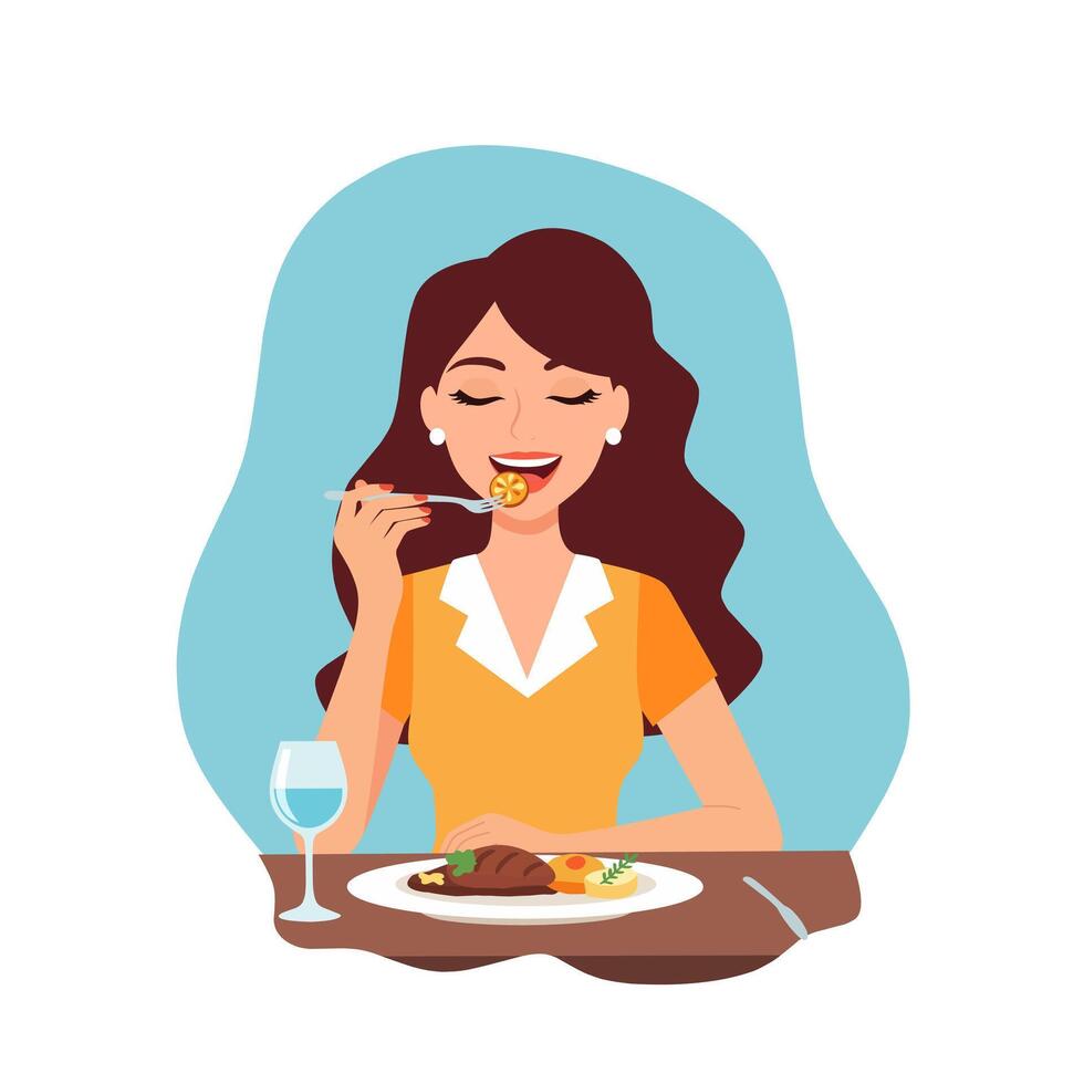 Illustration of a woman enjoying a meal at the table with a fork and glass of drink. Suitable for food, lifestyle, and nutrition-related content vector
