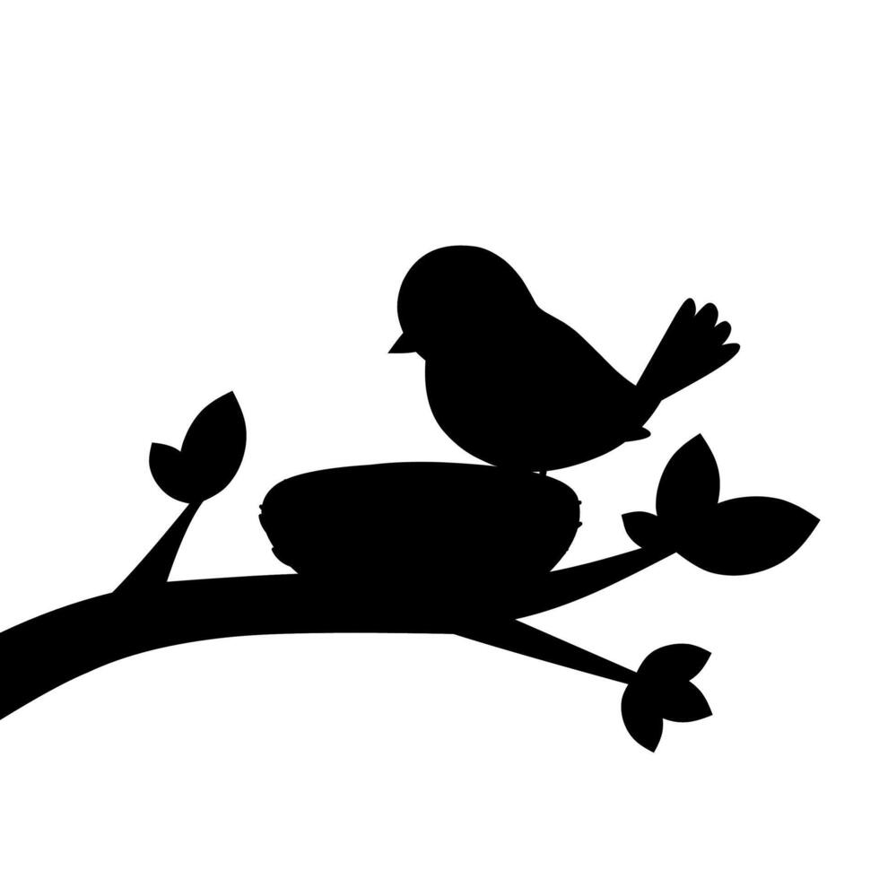 Silhouette of a bird perched beside a nest on a tree branch. Minimalist black icon style ideal for logo, symbol, or wildlife-related illustrations vector