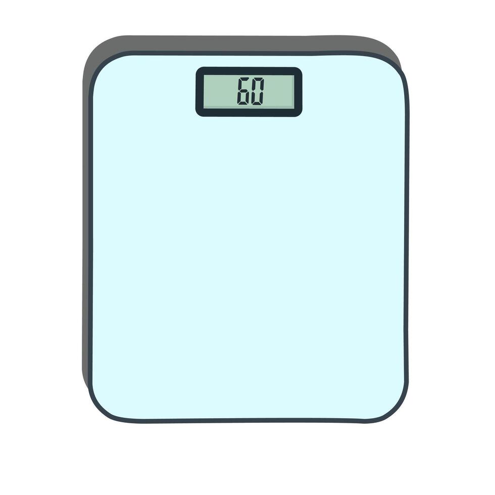 Flat digital bathroom scale showing 60 kg. Minimalist illustration perfect for health, weight tracking, and fitness-related content or infographics vector