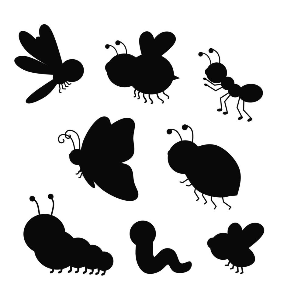 Set of insect silhouettes including butterfly, ant, caterpillar, worm, bee, and beetle. Simple icons for nature, biology, or educational designs vector
