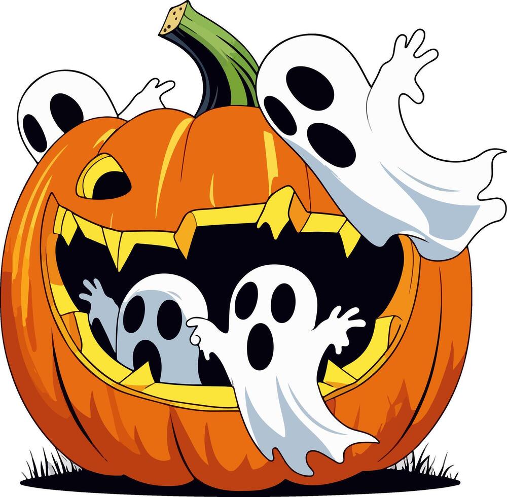 Cute halloween ghosts and a smiling jack-o-lantern vector