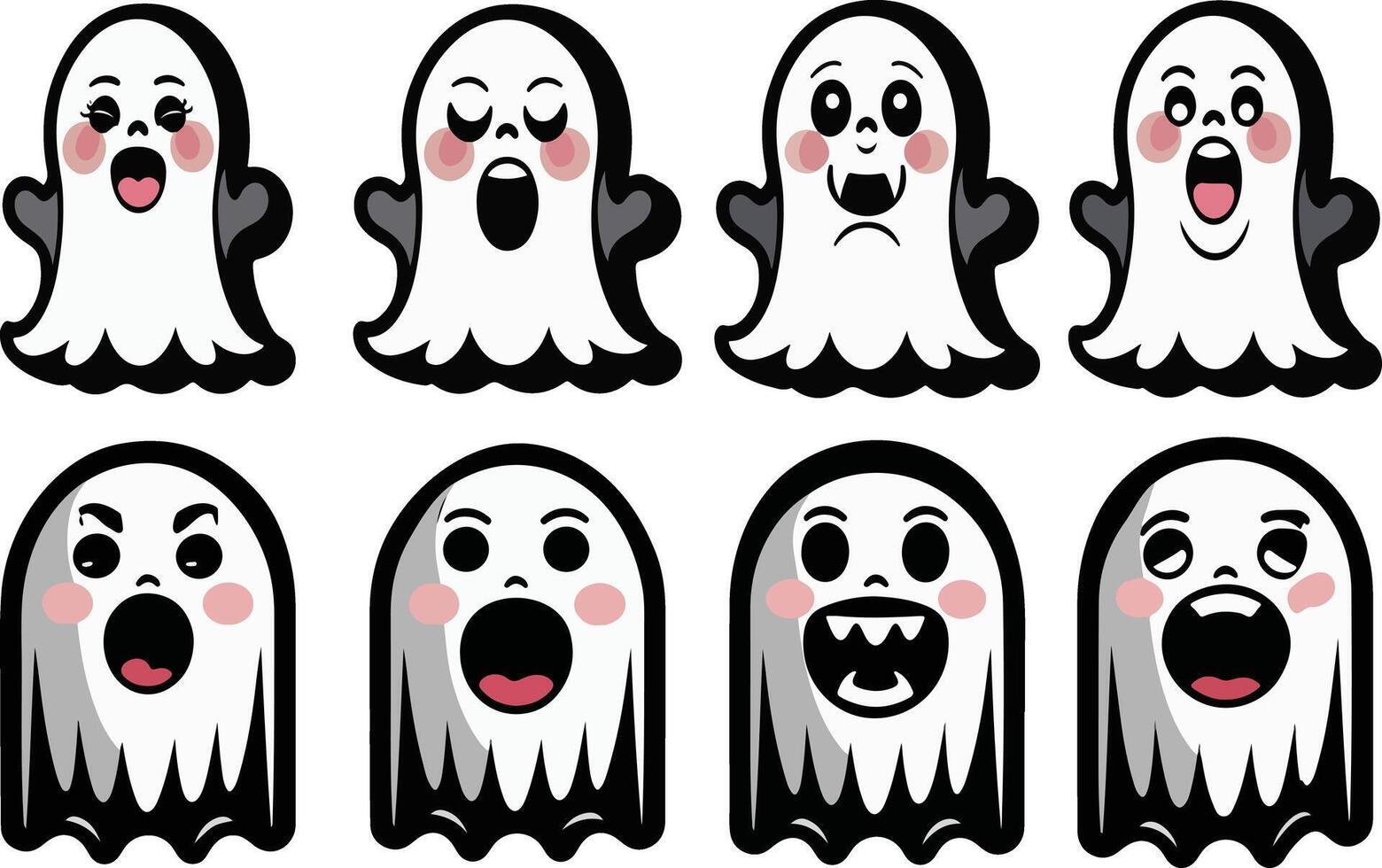 Cute halloween ghost characters set with different screaming expressions vector