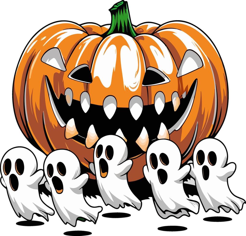 Spooky stencil ghosts exiting a very large jack-o-lantern's mouth vector