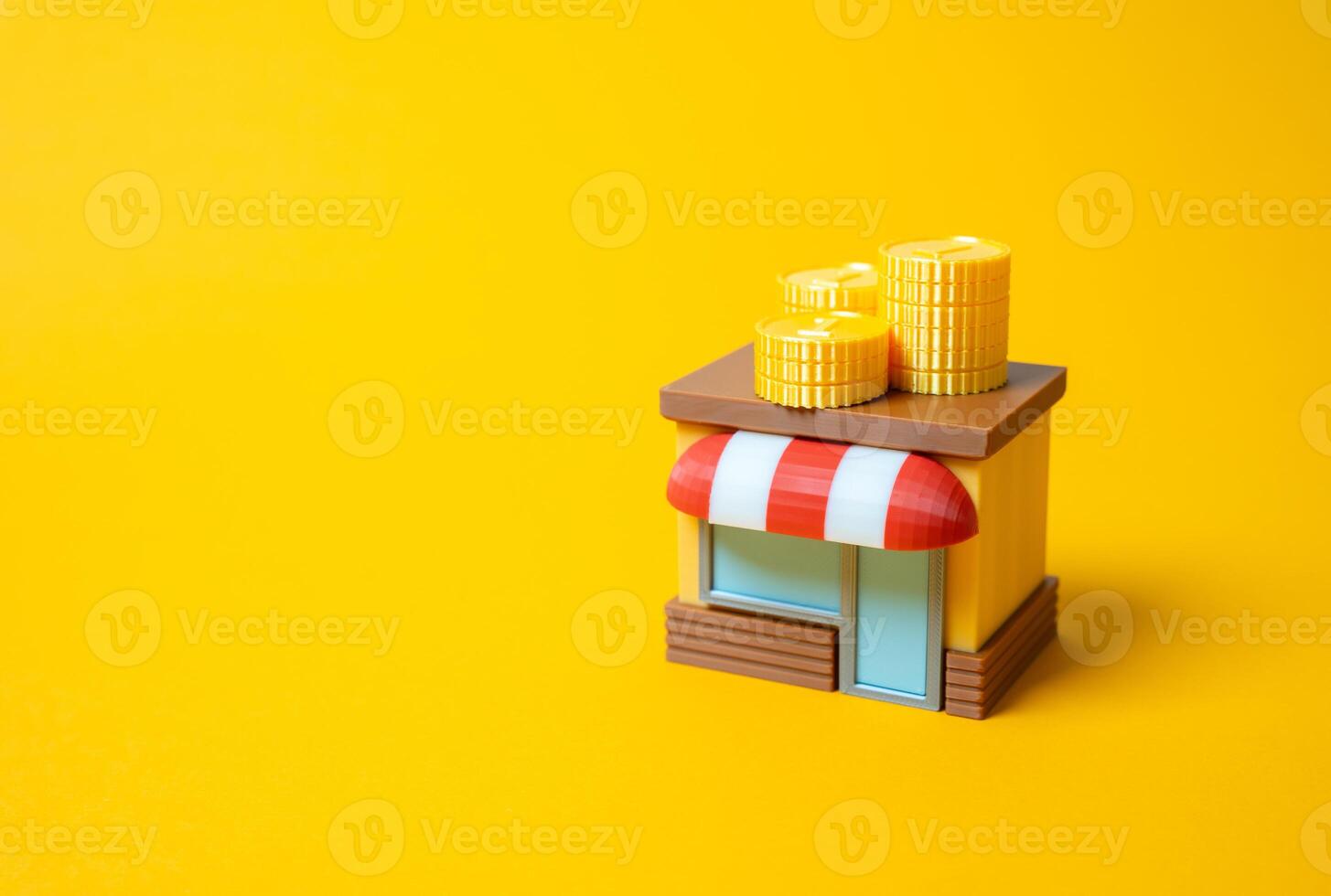 Shop building and stacks of coins. Profitable business. Profitability, retail success, or income generation from commerce. Tax revenue, small business strength, or regional development. photo