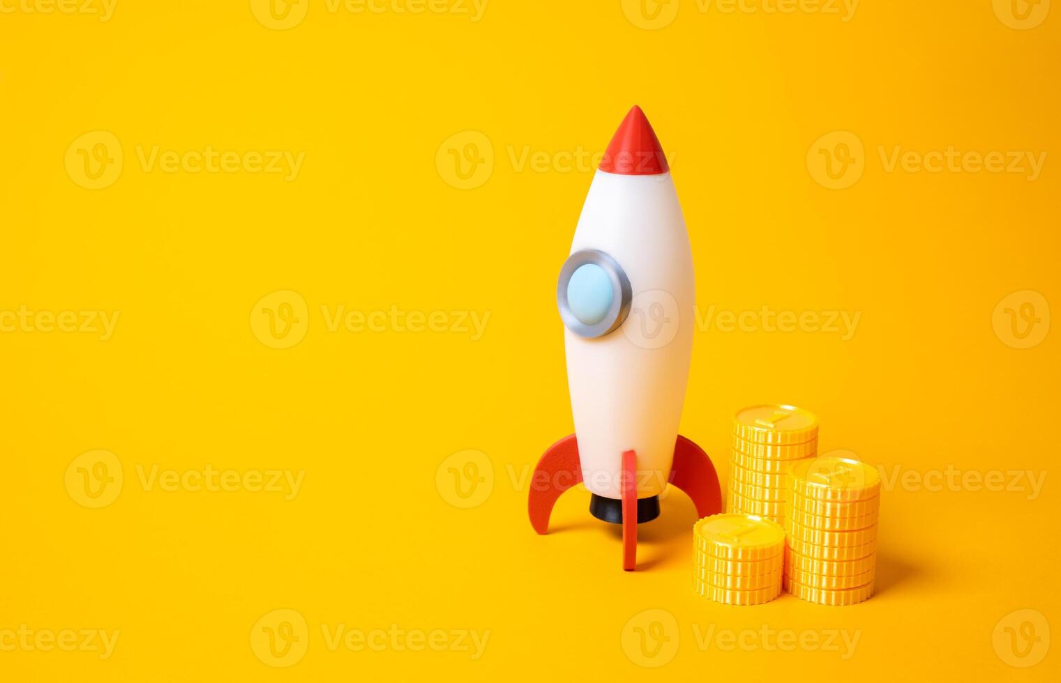 Rocket and a stack of coins. Startups and advertising. Space race. Business launches, venture capital, or bold marketing investments. Space exploration, innovation, risk taking in emerging industries. photo