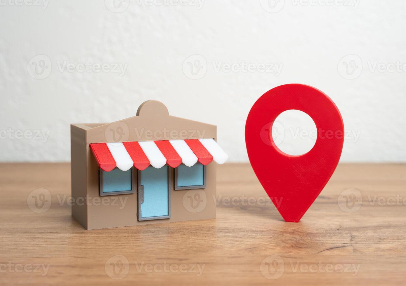 Shop and red geolocation sign. Advertising and presenting your business on maps and social networks. Geotargeting, SEO for businesses, or location-based customer acquisition. photo