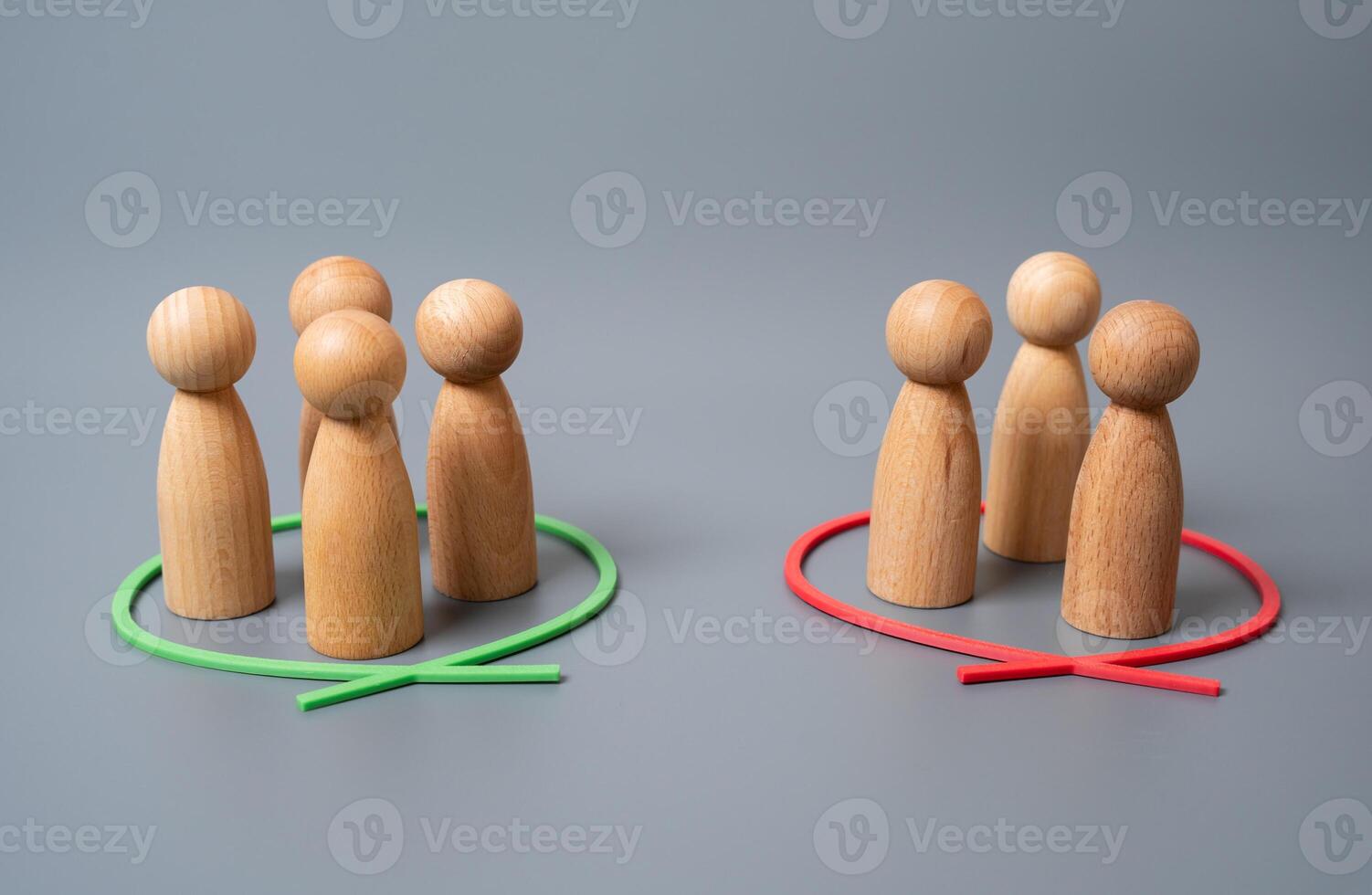 Two groups of people holding opposing opinions on an issue. Debate culture, political conflict, or group dynamics in decision-making. photo