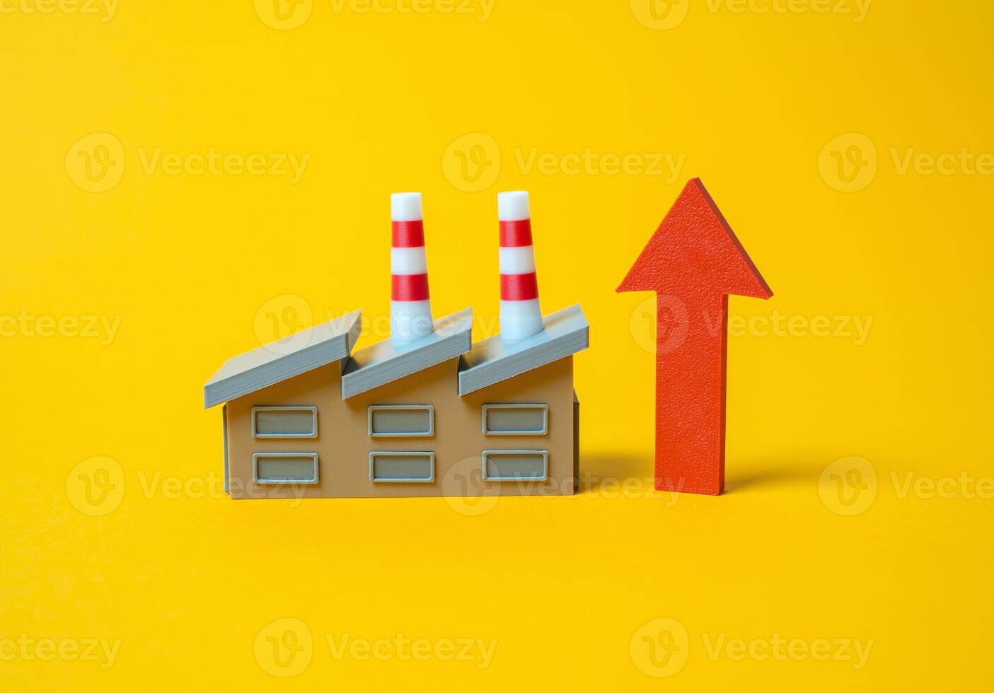 Industrial plant and red arrow pointing up. Industrial growth, rising production, or economic acceleration. Job creation, factory output, or national GDP improvement. photo