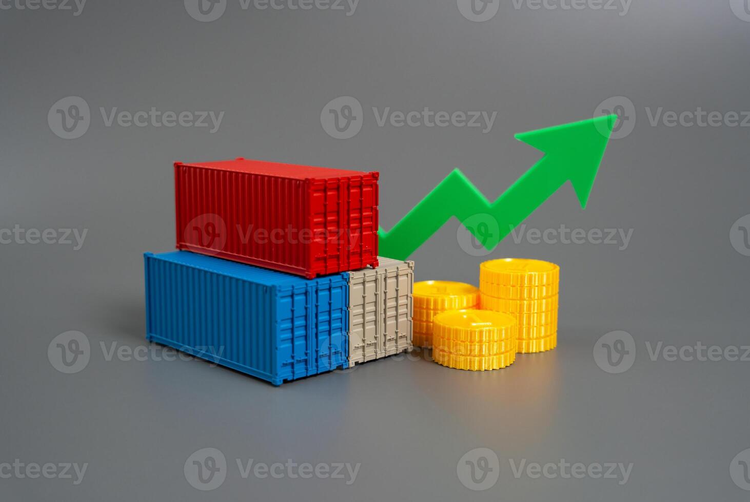 Cargo containers and the growth arrow. Increase in cargo turnover and profits from the transportation industry. Rising demand in freight logistics, international trade flow, and economic globalization photo