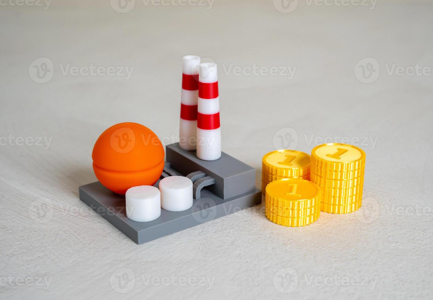 Money coins near an industrial plant. Enterprise pays taxes. Income and profit. Enterprise income, corporate taxes, or capital turnover. State revenue generation or industrial sector profitability. photo