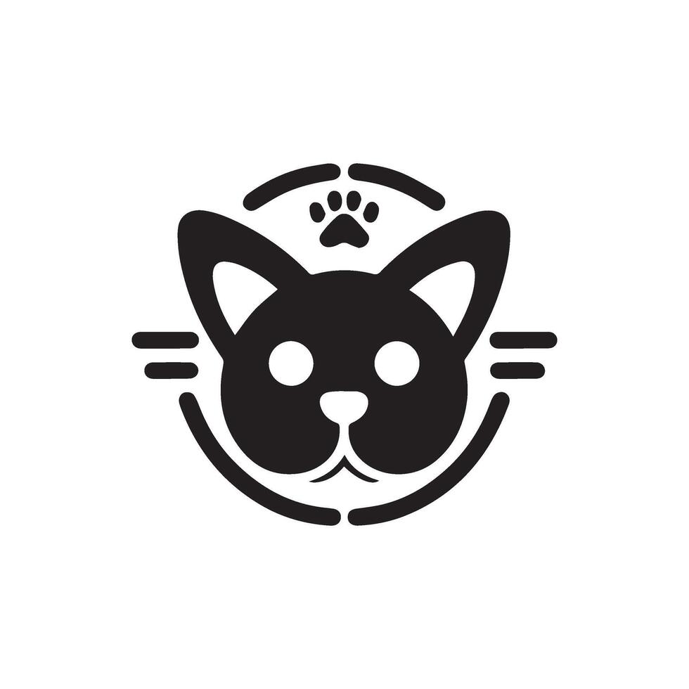 Minimalist Cat Head with Paw Print Logo Design in Black and White Silhouette simple cat logo silhouette style Features cat vector