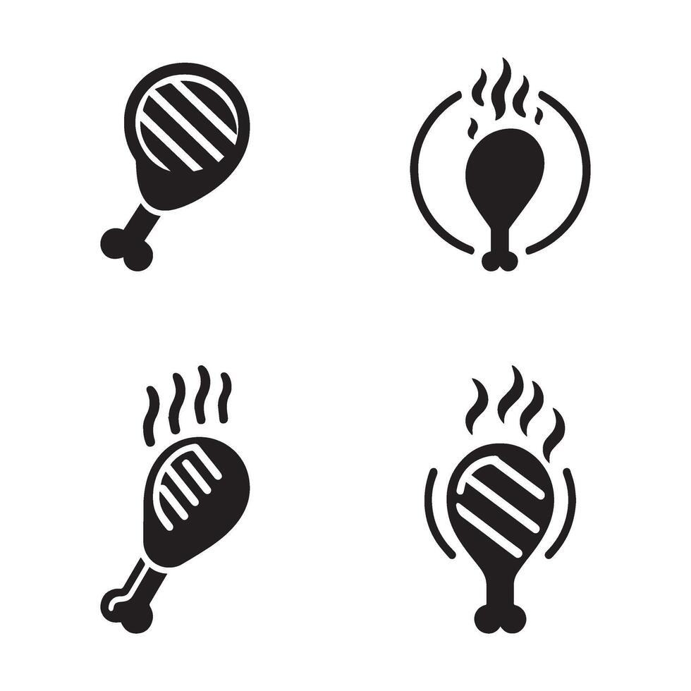 Grilled Chicken Leg Icons Set with Steam Four Different Poses Black and White Food Silhouette chicken leg icons are presented vector