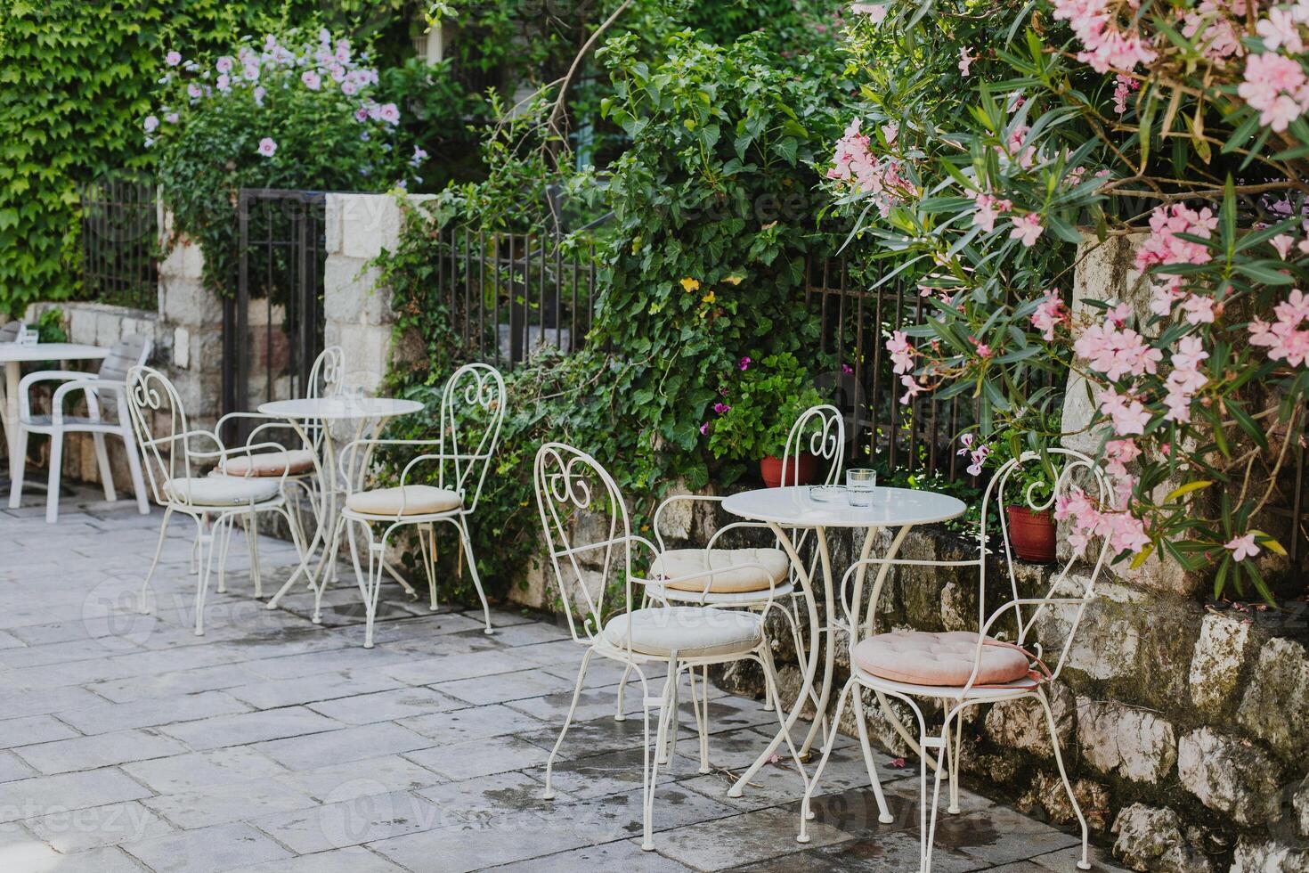 Empty cafe by the sea in Przno near Budva, Montenegro. Travel destination in Montenegro. photo
