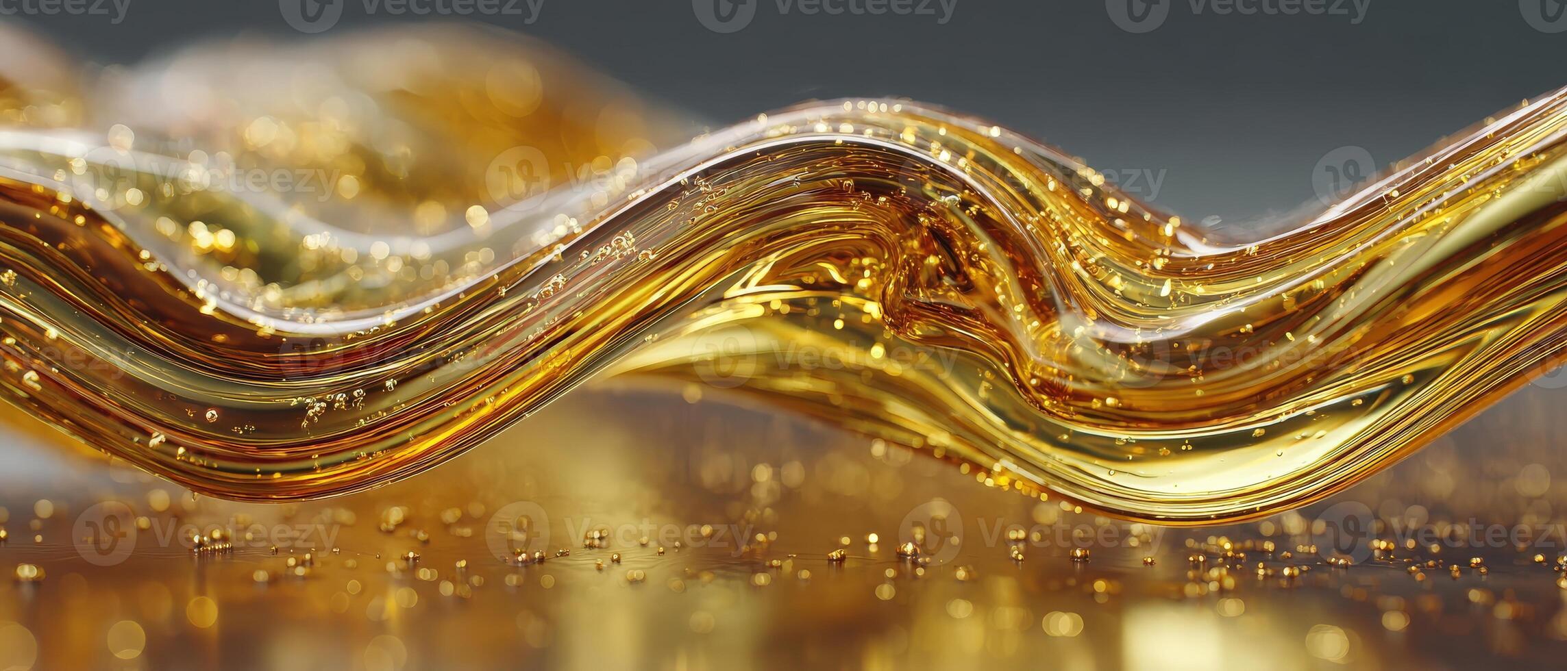 Abstract golden fluid wave with sparkling bubbles, flowing honey texture for luxury cosmetic background Concept of beauty, skincare, and liquid gold photo