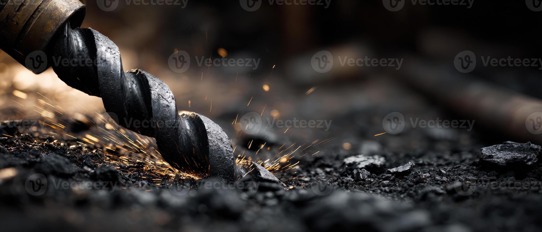 Close-up of a drill bit drilling into dark soil, showcasing construction, industry, and the power of drilling technology. photo