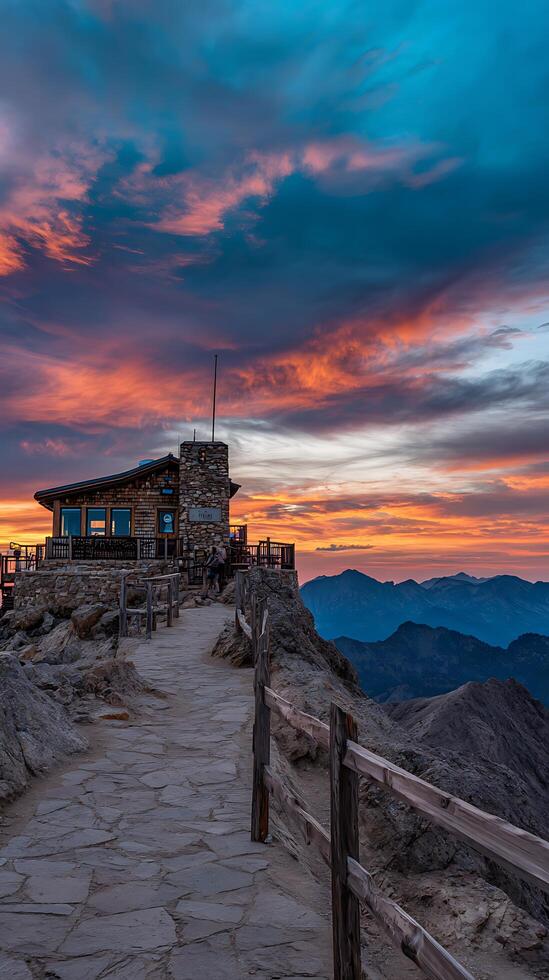 Mountaintop Cabin at Sunrise A Breathtaking View from the Cliffside. photo