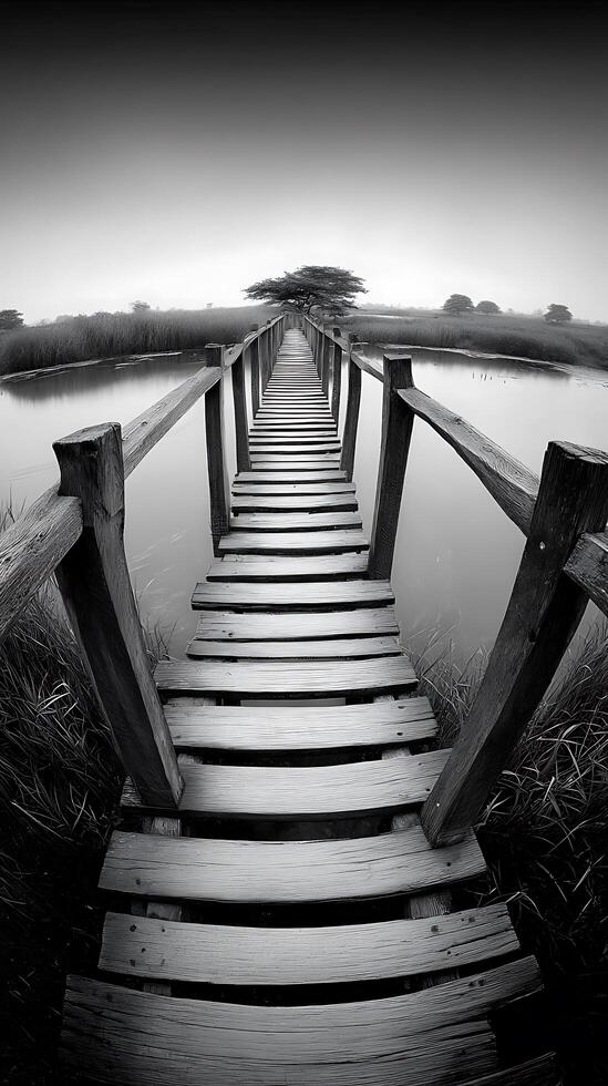 Monochromatic Serenity A Wooden Bridge Leading to Tranquility. photo