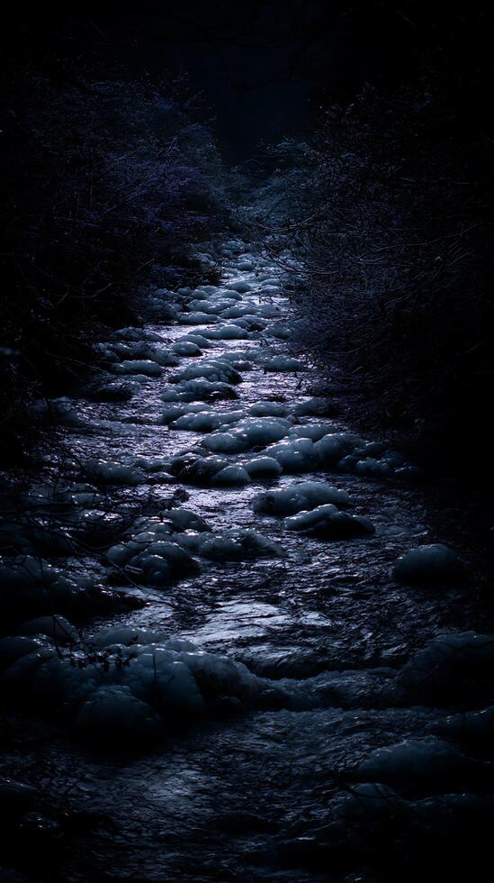 Frozen Stream at Night A Dark and Serene Winter Landscape. photo
