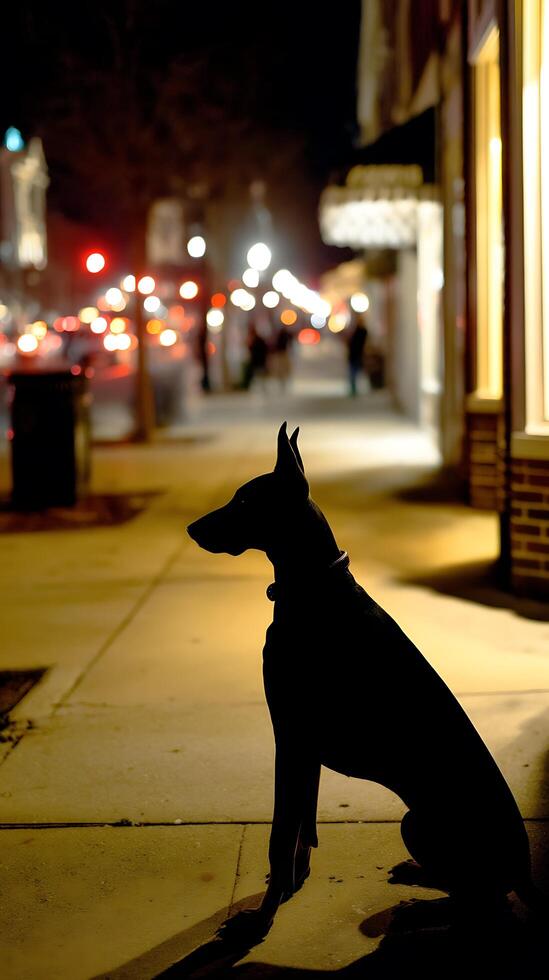 Silhouetted Doberman Pinscher Sitting on a City Sidewalk at Night. photo