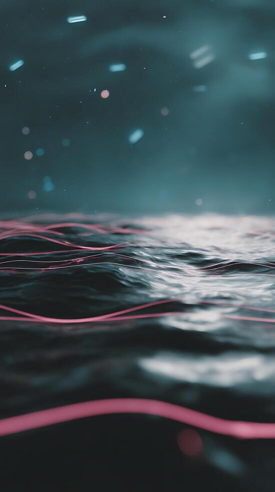 Abstract Dark Water Surface with Pink Lines and Glowing Particles. A mesmerizing image perfect for backgrounds or artistic projects. photo