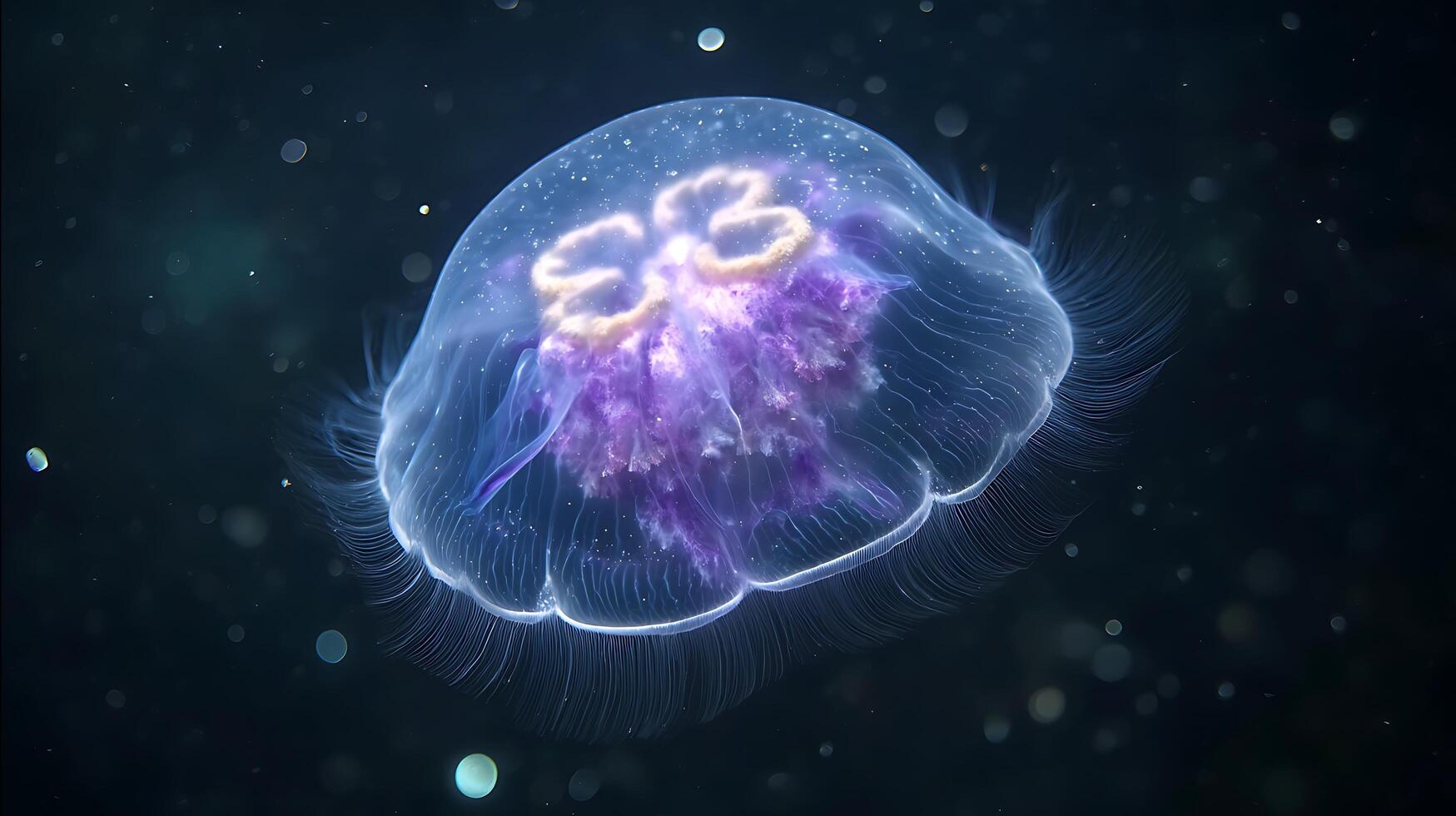 A mesmerizing close up of a moon jellyfish floating in dark water. photo
