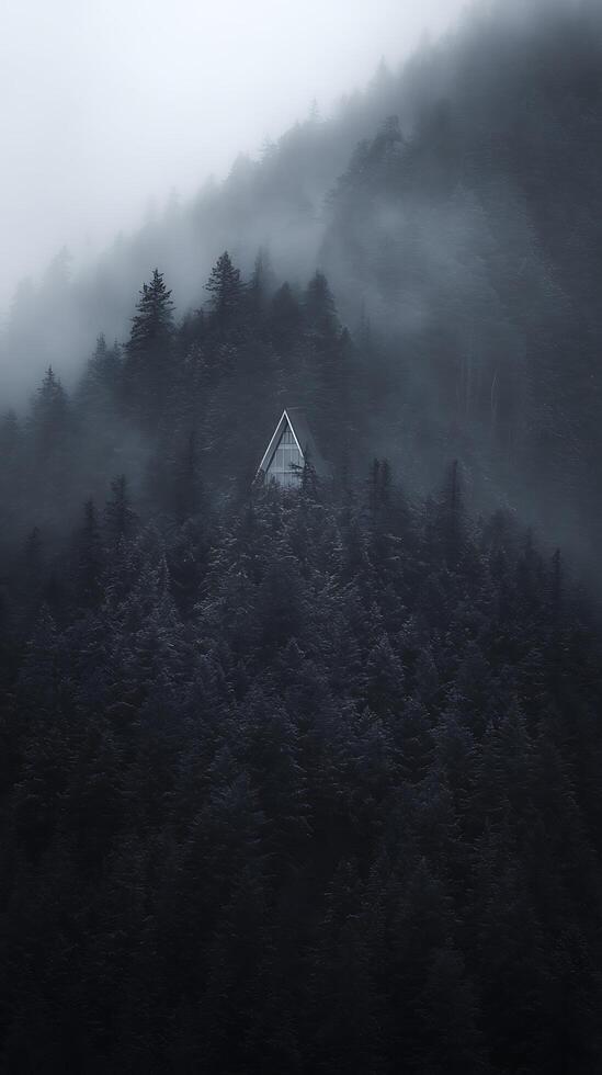 A-Frame Cabin nestled in a Foggy Mountain Forest. photo