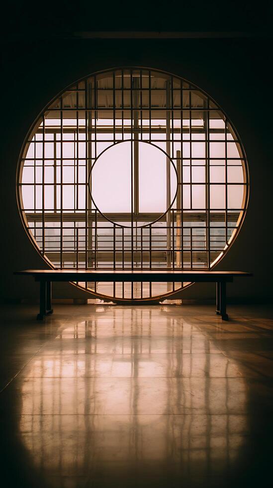 Serene Interior Design Circular Window and Bench. photo