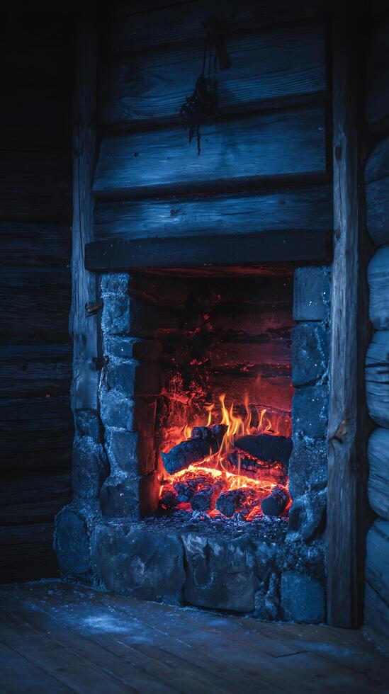 Cozy Fireplace in Rustic Cabin, Winter Night Scene. A close up view of burning embers in a stone fireplace within a log cabin. photo