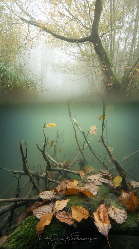 Enchanting Underwater Autumn Scene A Mystical View of Fallen Leaves and Submerged Branches. photo