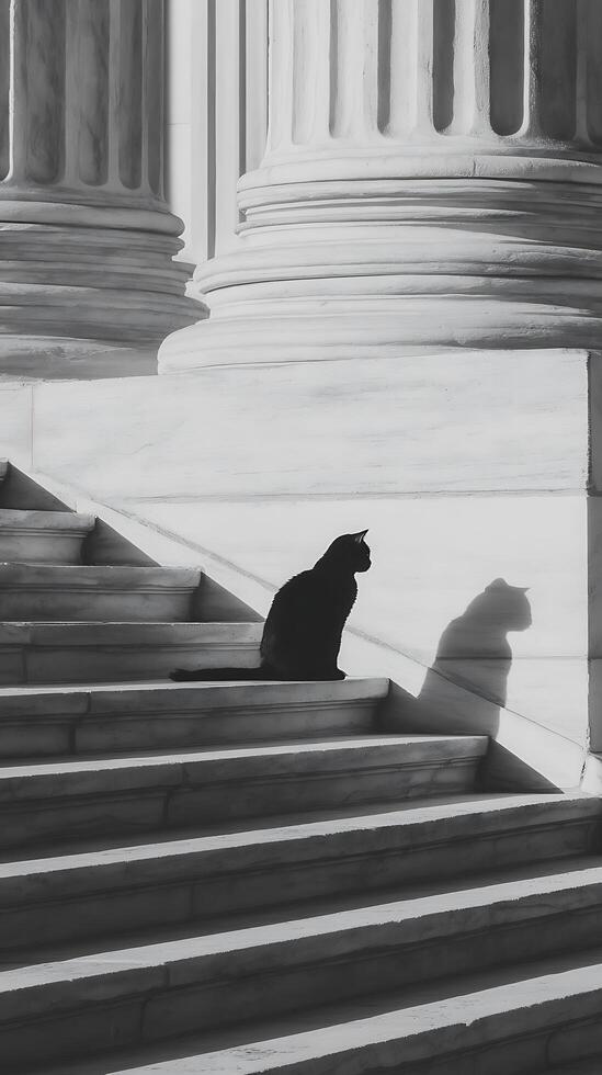 Black Cat Silhouette on Marble Steps of a Classical Building. A monochrome photograph showcasing a feline's serene posture against a backdrop of architectural grandeur. photo