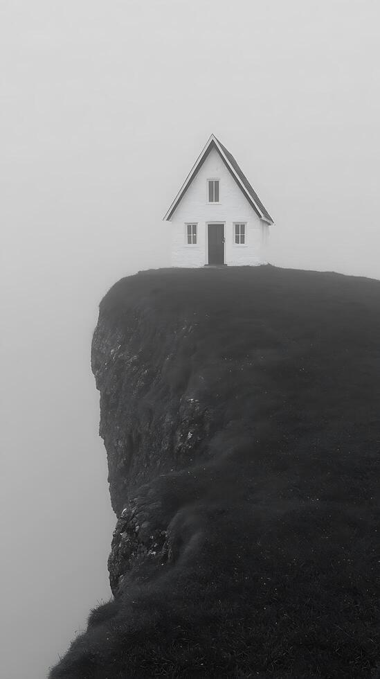 Solitary House on a Foggy Clifftop. A minimalist architectural scene of a small white house perched dramatically on a cliff edge, shrouded in mist. photo