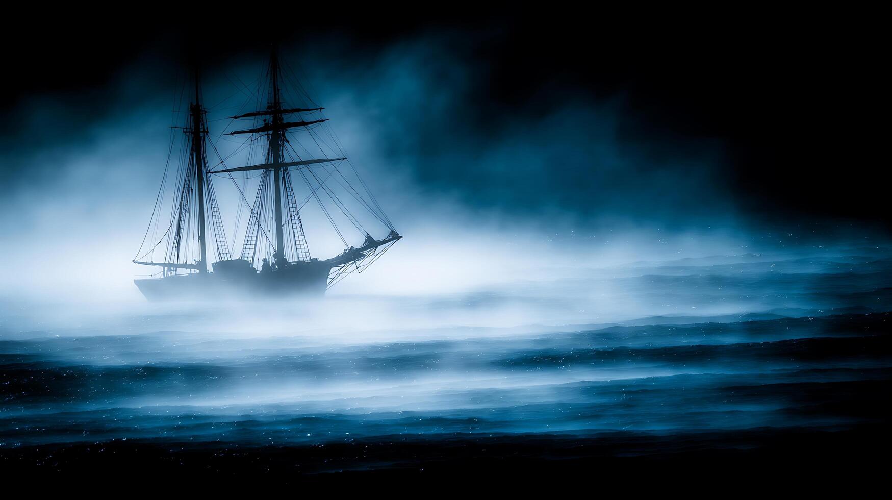A Ghost Ship Sailing Through a Misty Sea at Night. A dramatic illustration of a sailing vessel engulfed in fog on the open ocean. photo