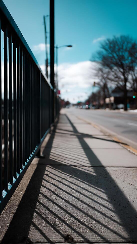 Metal Fence Shadow on Sidewalk, Urban Street Scene. photo