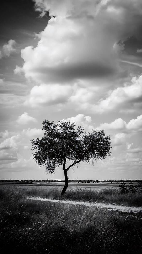 Solitary Tree in Black and White Landscape Photography. A dramatic monochrome image of a single tree standing in a field under a cloudy sky. photo