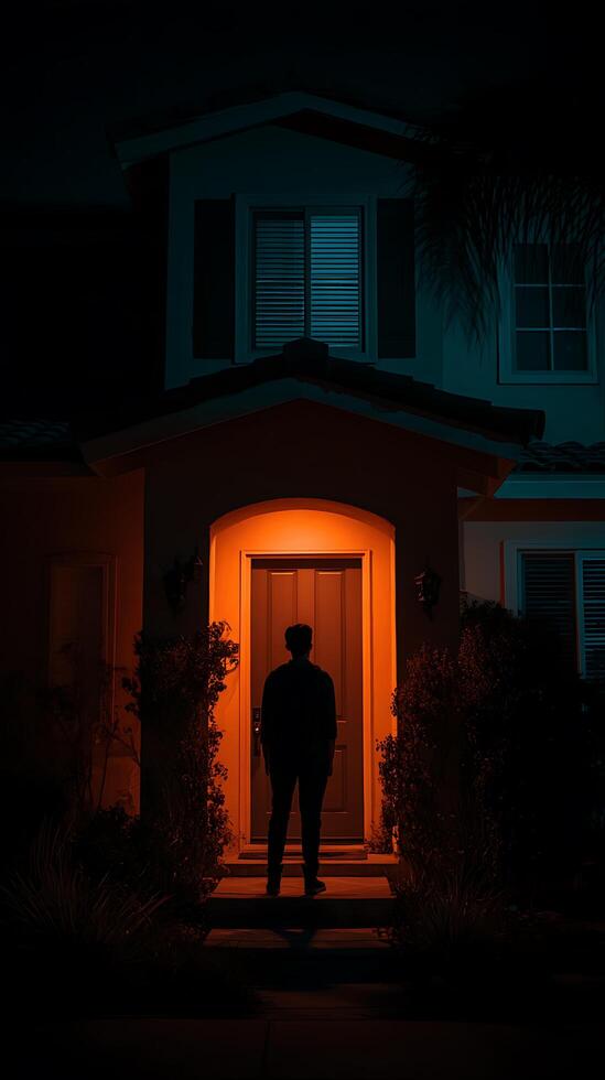 Silhouette of a Person Standing Before a Lit Doorway at Night. photo