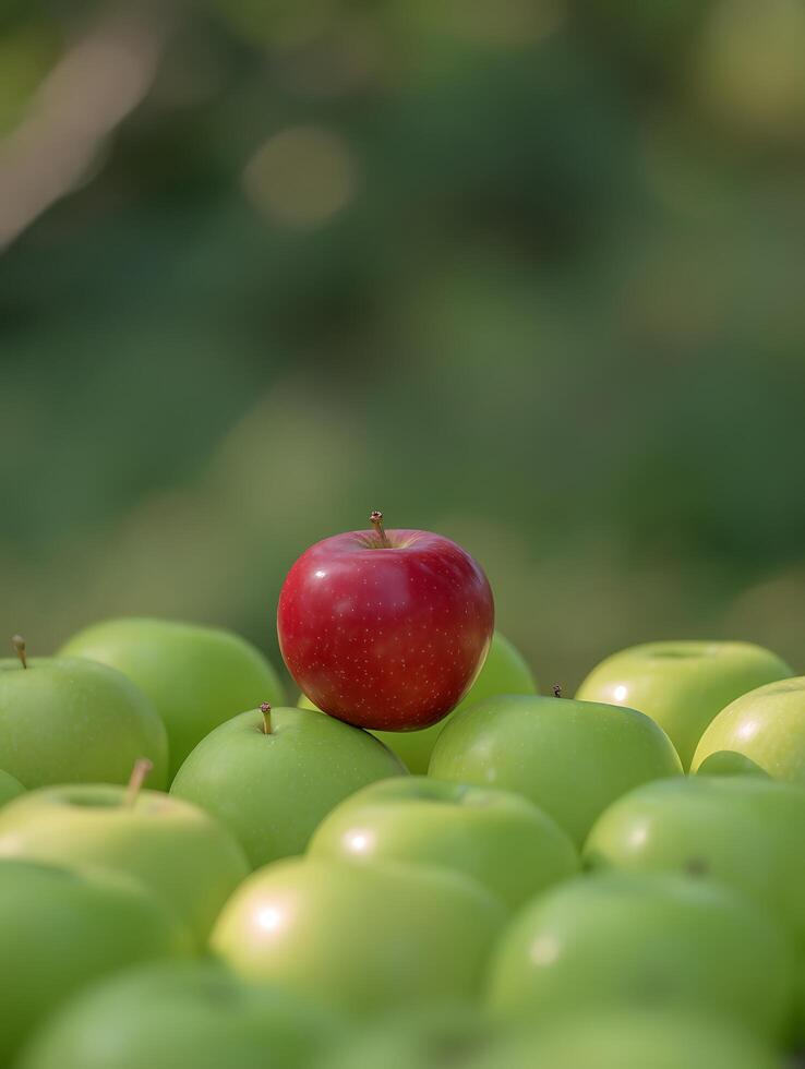 A Single Red Apple Stands Out Among a Group of Green Apples. photo