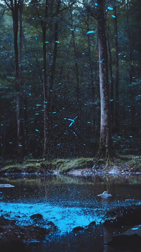 Enchanting Firefly Display Over Forest Stream at Night. A mesmerizing scene of bioluminescent fireflies illuminating a tranquil forest stream. photo