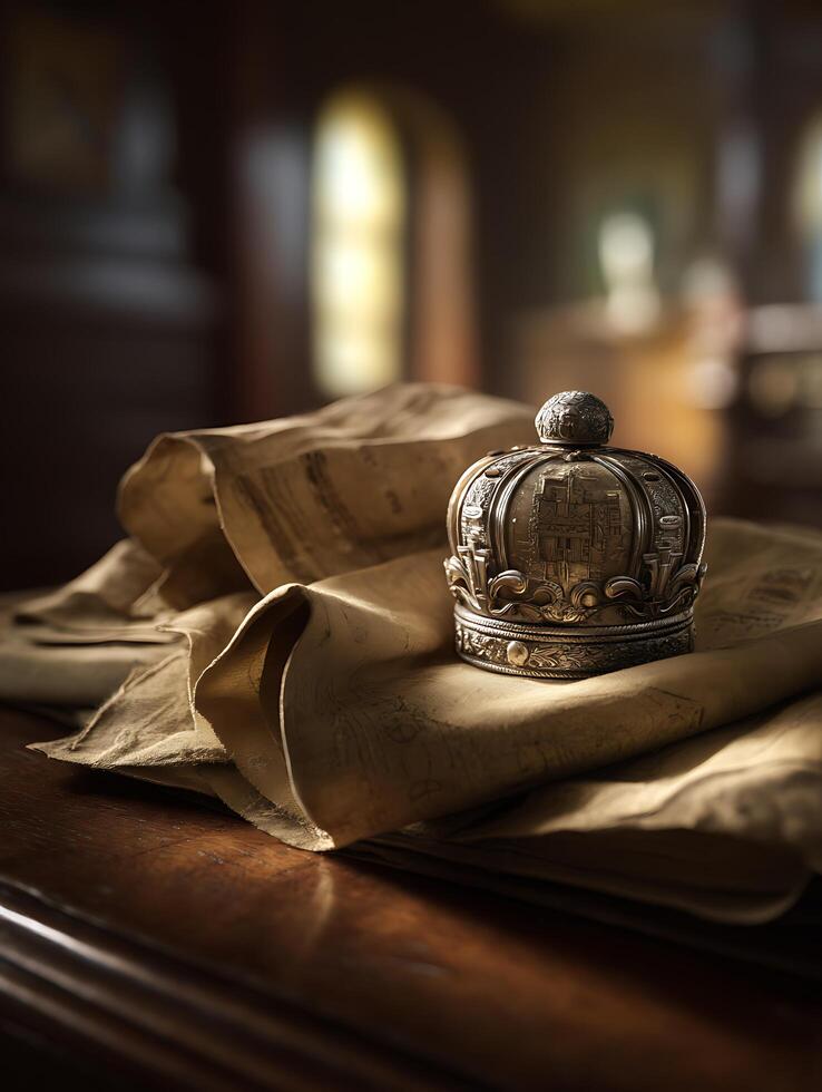 A regal crown rests on aged parchment documents, illuminated by warm light. photo