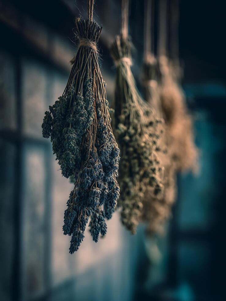 Dried Herb Bundles Hanging in Rustic Setting Close Up of Lavender and Other Herbs. photo