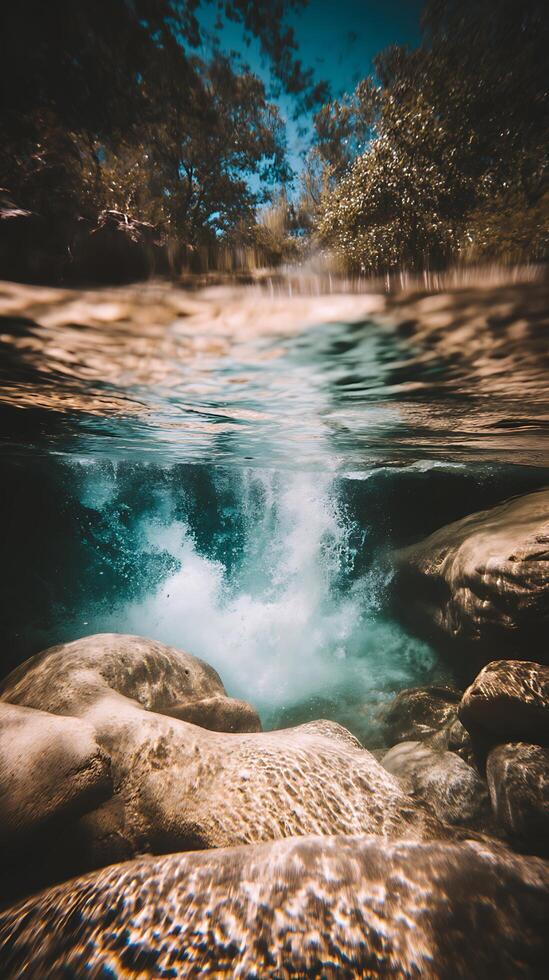 Underwater View of a Waterfall Cascading Over Smooth Rocks with Sunlight Filtering Through the Water. photo
