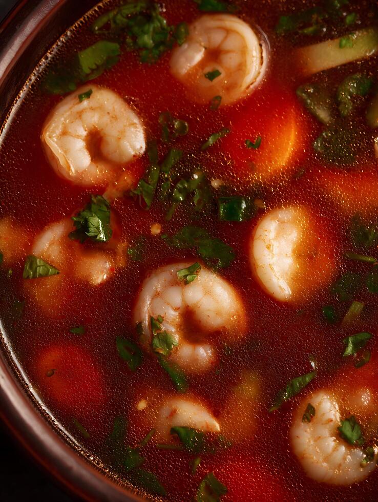 Close Up of Delicious Shrimp Soup, a Culinary Delight. photo