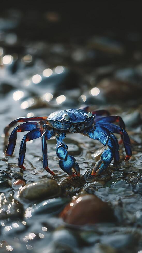 Close Up of a Vibrant Blue Crab on Rocky Shoreline. photo