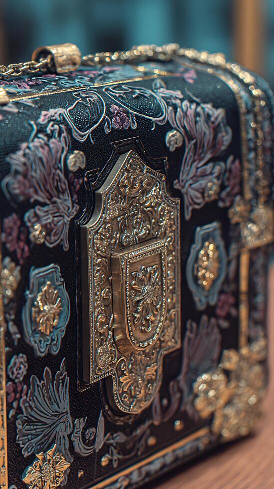Close up of an Ornate Handbag with Intricate Gold Accents and Floral Designs. photo