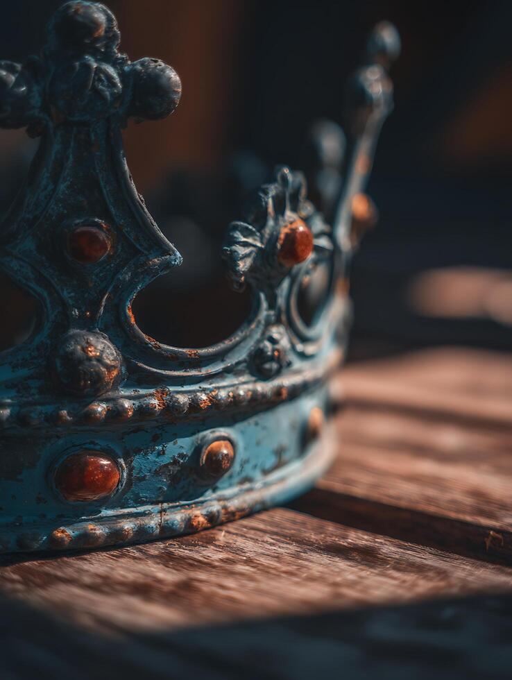 Close Up of an Antique Blue Crown Resting on Rustic Wood. photo