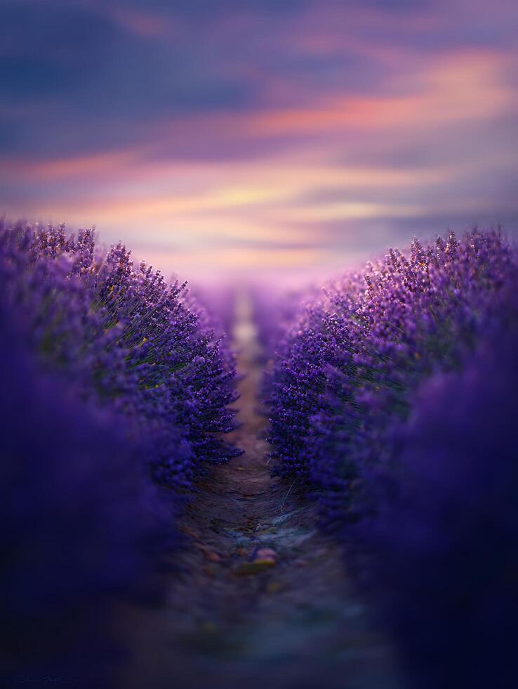 Lavender Field Path at Sunset A Serene Landscape Image. photo