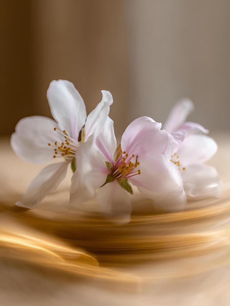 Delicate Almond Blossoms on a Golden Abstract Background. A close up image of two beautiful flowers. photo