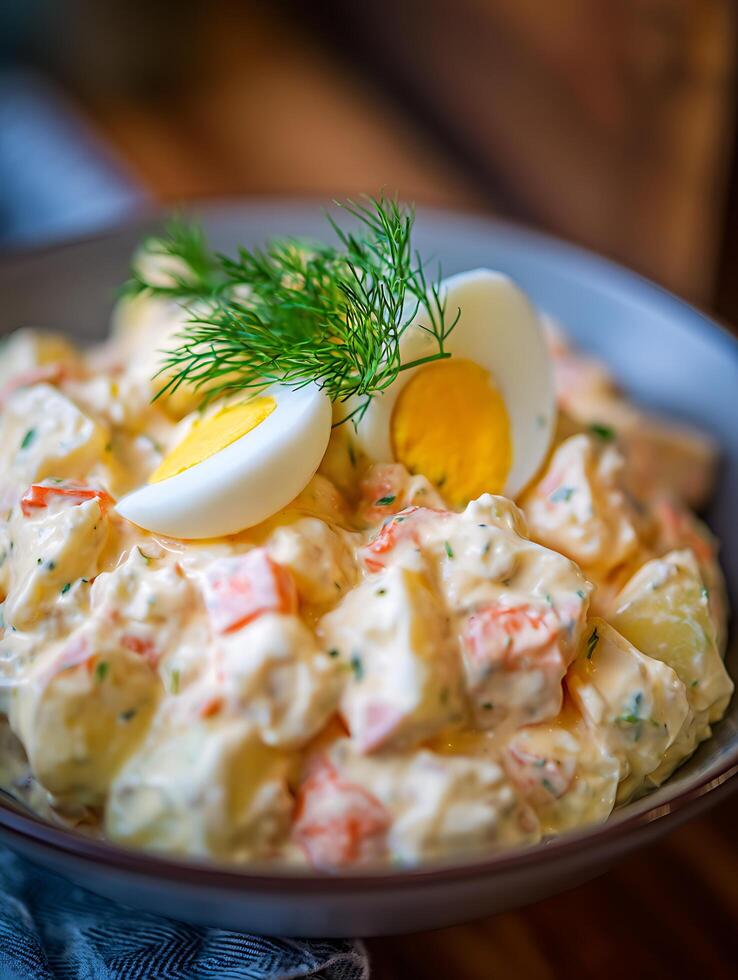 Close up of Creamy Potato Salad with Hard Boiled Eggs and Dill. photo