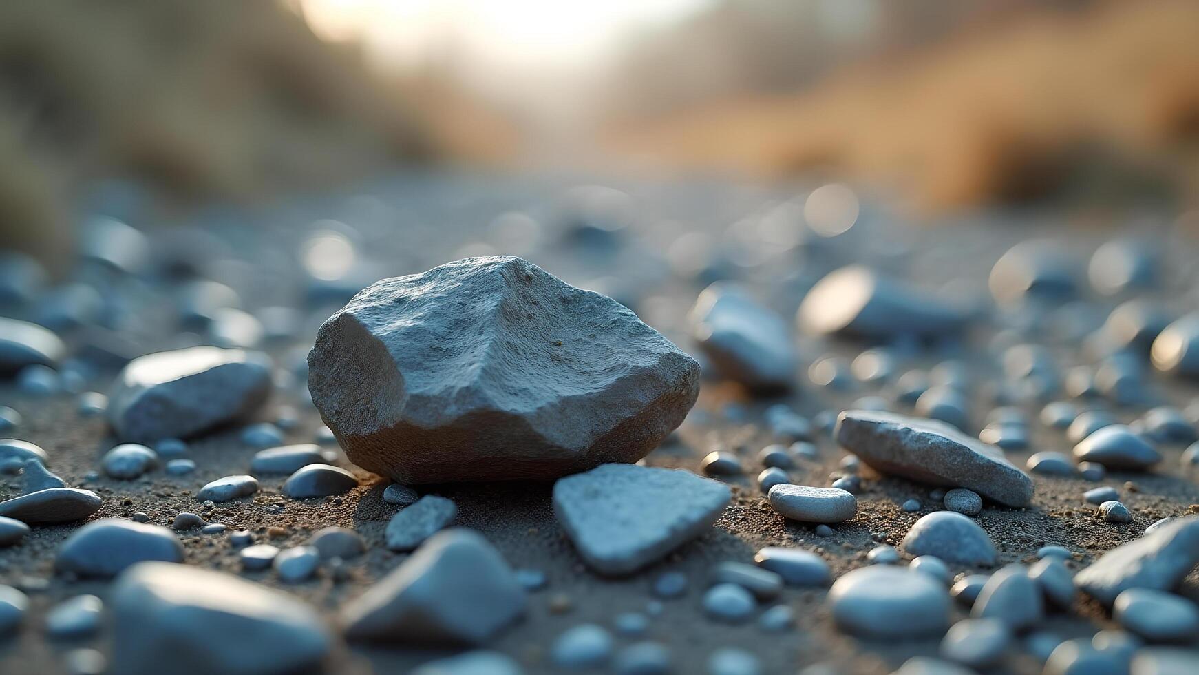 A Ground Level Close Up Perspective of Gray Stones or Rocks On Sand, With Sun Light photo