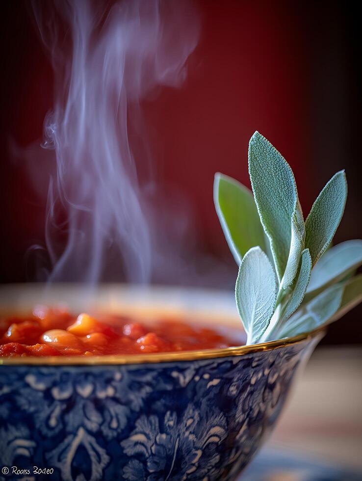 Steaming Bowl of Tomato Soup with Fresh Sage Garnish. A close up photograph of a delicious and aromatic tomato soup. photo